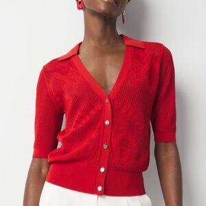 Tomato Red, Small, Pointelle Cardigan Sweater